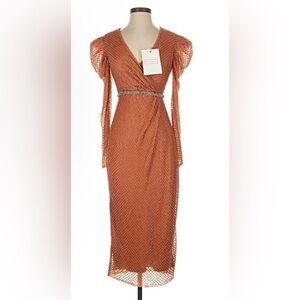 Mac Duggal NWT Copper Beaded Puff Sleeve Dress Rhinestone Waist Sz 16